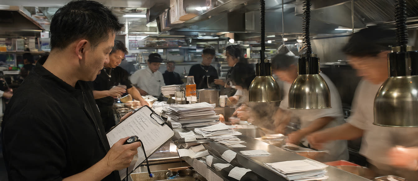 A restaurant manager at the pass with a stopwatch and a clipboard, order tickets piling up, cooks blurred behind the heat lamps