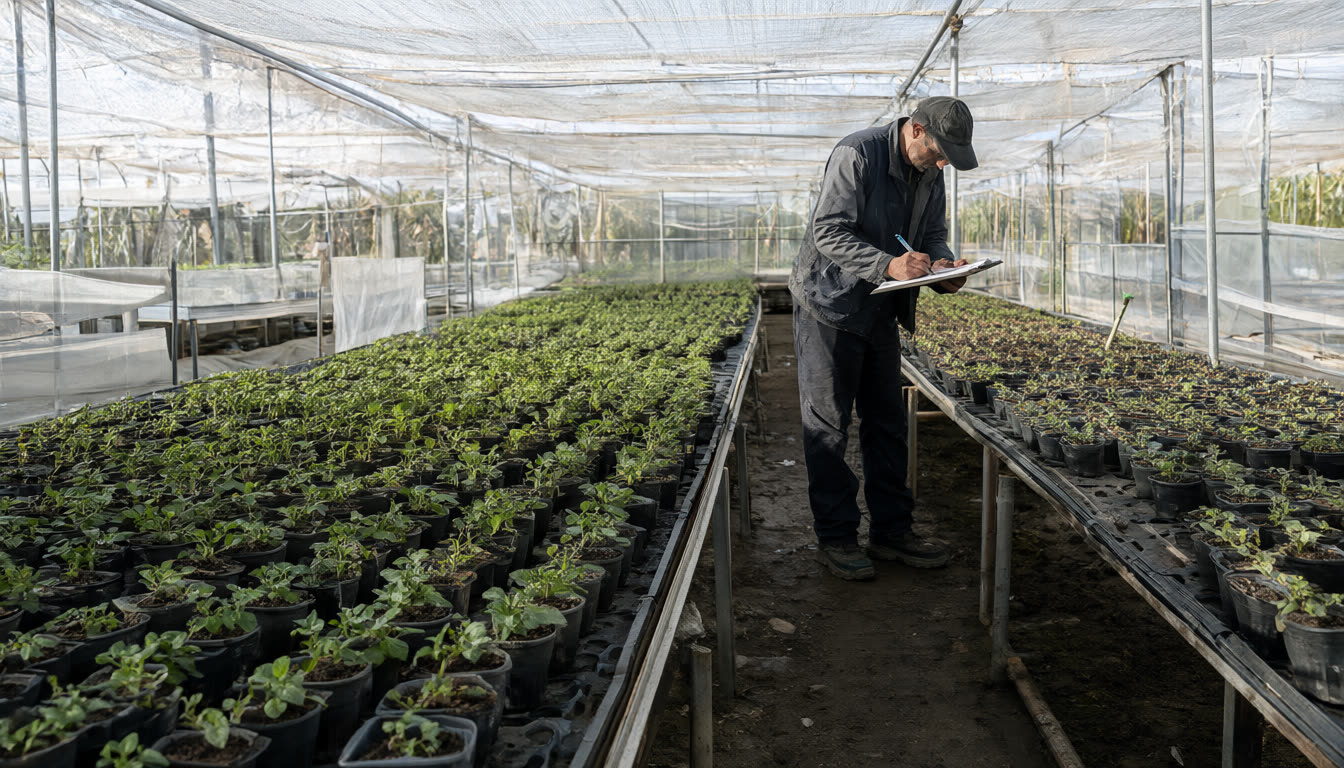 A greenhouse worker bent over a long bench of seedlings, checking one pot at a time and writing on a clipboard