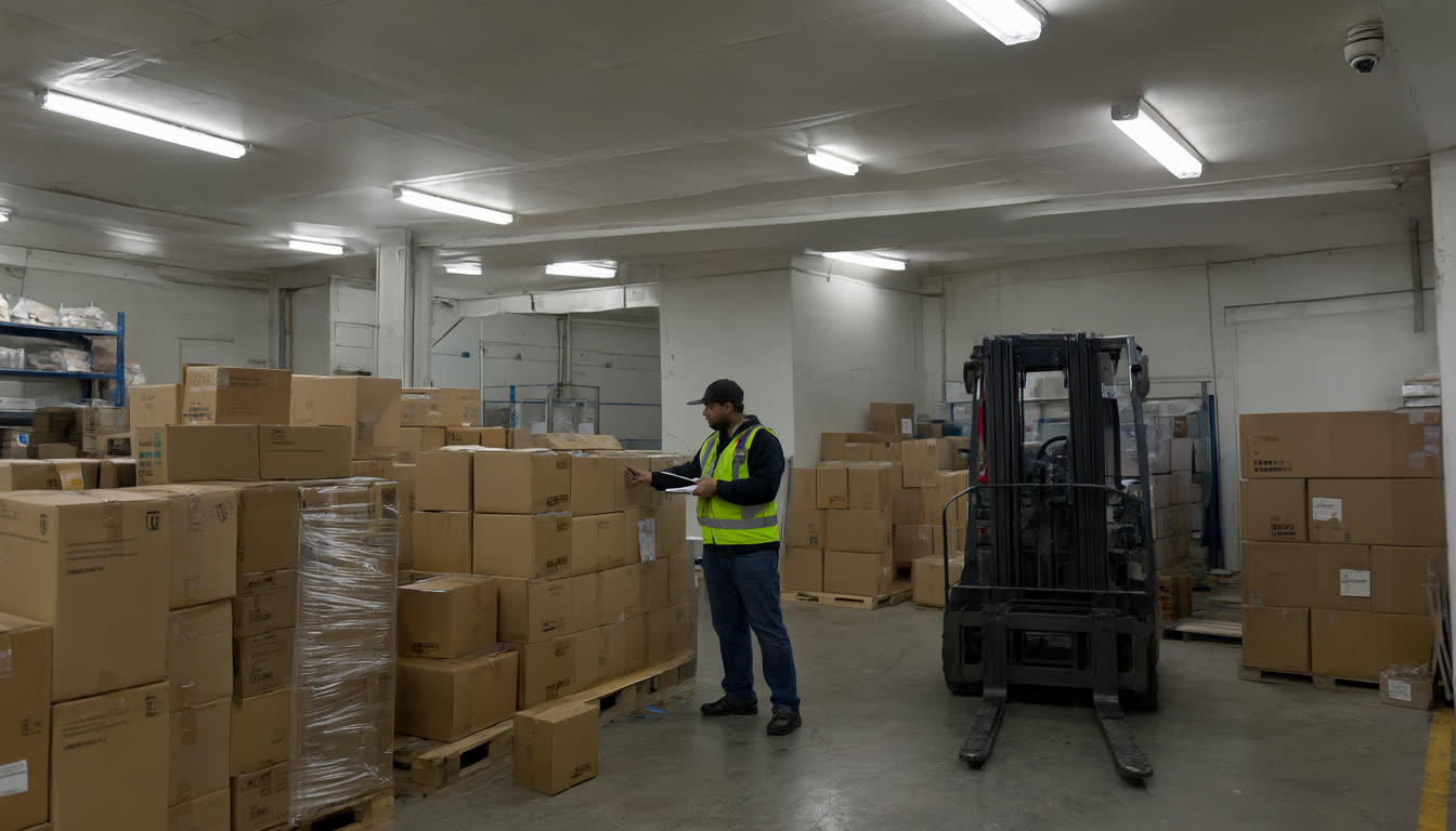 A warehouse worker in a hi-vis vest counting boxes on a clipboard while a forklift passes behind him, a ceiling camera in the corner