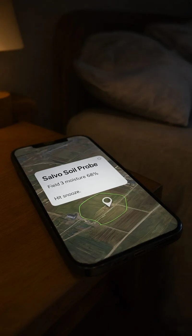 A phone on a nightstand in a dark room showing the Salvo soil probe: field moisture 68 percent, hit snooze