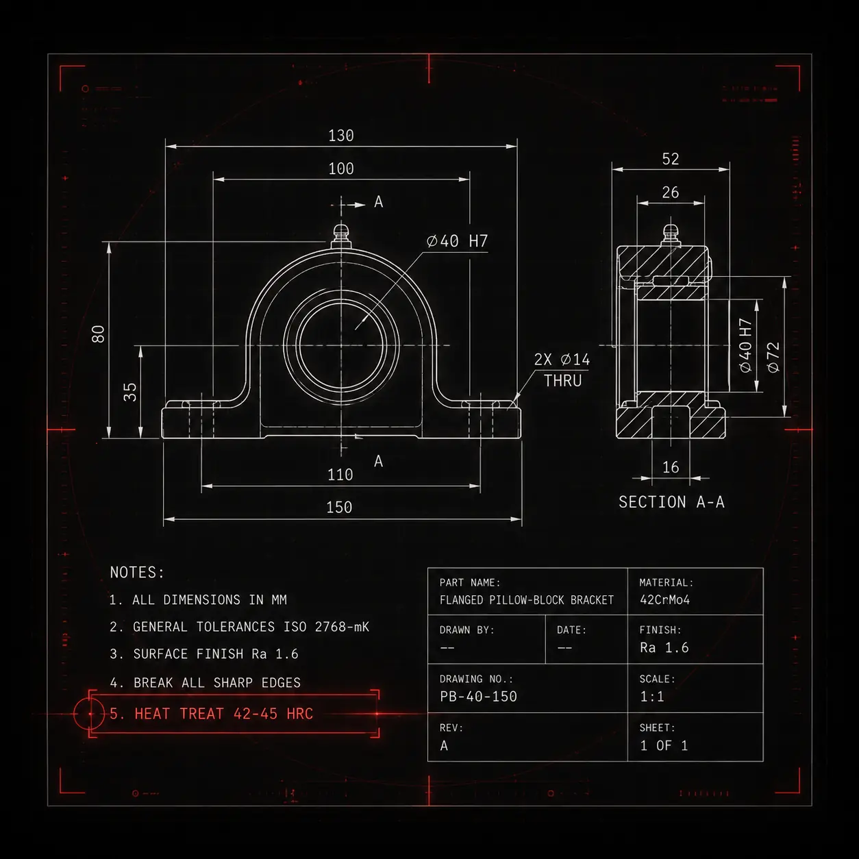 A 2D machining drawing read by the system: dimensions, tolerances, finish and material pulled clean, and the buried heat-treat callout flagged in red.